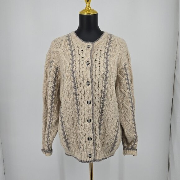 Woolrich Cable Knit Button-Up Sweater - Cream and Gray Cardigan Size Large - Picture 1 of 10